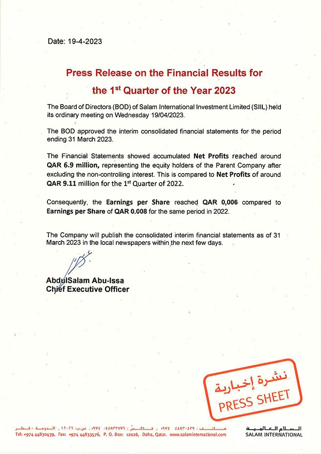 Press Release on the Financial Results for the 1st Quarter of the Year 2023